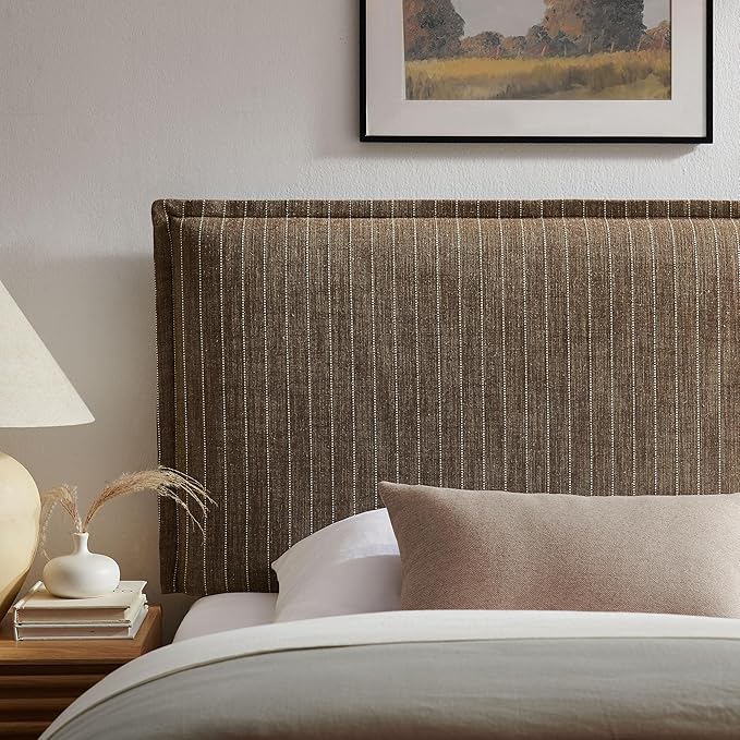 Modway Camille Twin Size Striped Linen Blend Pinstripe Headboard with Removable Slipcover – in Earth Stripe - Padded Pillow Style Headboard with Adjustable Mounting for Twin Beds