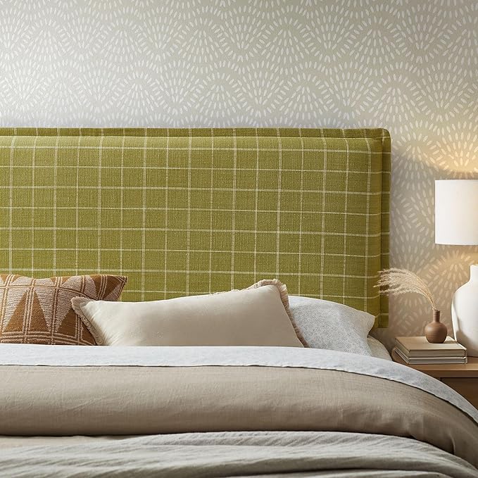 Modway Camille Queen Size Checkered Linen Blend Plaid Headboard with Removable Slipcover – in Artichoke Windowpane Check - Padded Pillow Style Headboard with Adjustable Mounting for Queen Beds