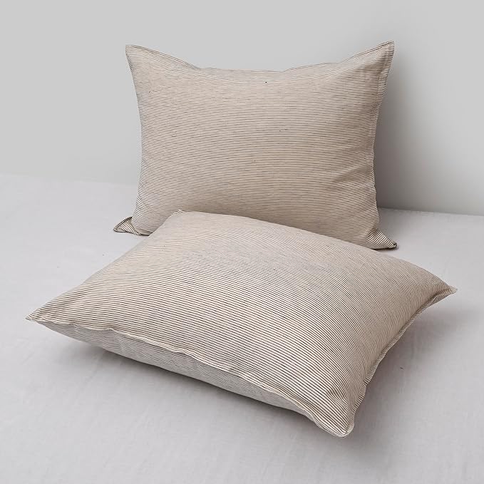 CHUFFED Linen Pillow Cases 2 Pack 100% Linen Standard Pillowcases, Breathable and Cooling Washed Pillow Shams with Zipper Closure, 20x26 Inches,Grey Stripe