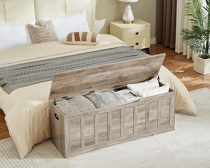 VANKILEY 51.2" Storage Chest Extra Large,Storage Bench with 2 Safety Hinges,Shoe Bench,51.2 * 15.7 * 19.1 inches,Wooden Trunk for Bedroom,livingroom,entryway,Supports 220 lb,Easy Assembly(Greige