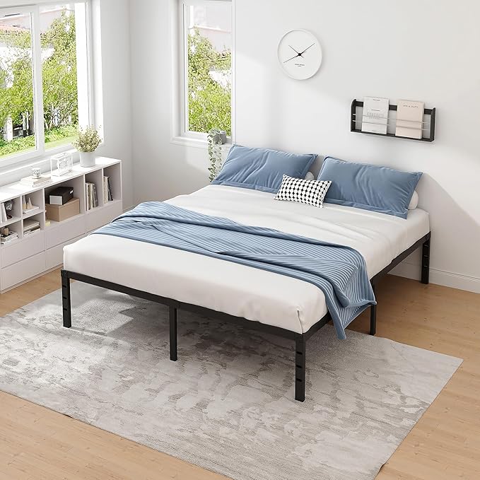 NEW JETO Metal Bed Frame,King Size Bed Frame with Storage Space,Heavy Duty Sturdy Mattress Foundation,Easy Assembly,No Box Spring Needed,Black,12 Inch,King