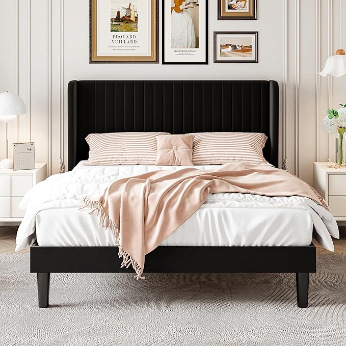 SHA CERLIN Full Size Velvet Bed Frame with Vertical Channel Tufted Wingback Headboard, Upholstered Platform Bed with Wood Slats, No Box Spring Needed, Easy Assembly, Black