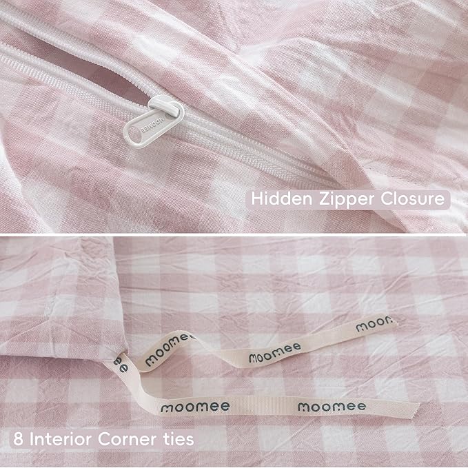 MooMee Gingham Duvet Cover Set 100% Washed Cotton Linen Like Textured Breathable Durable Soft Comfy Modern Checkered Design (Classic Gingham Greyish Pink, Oversized Full 82"x86")