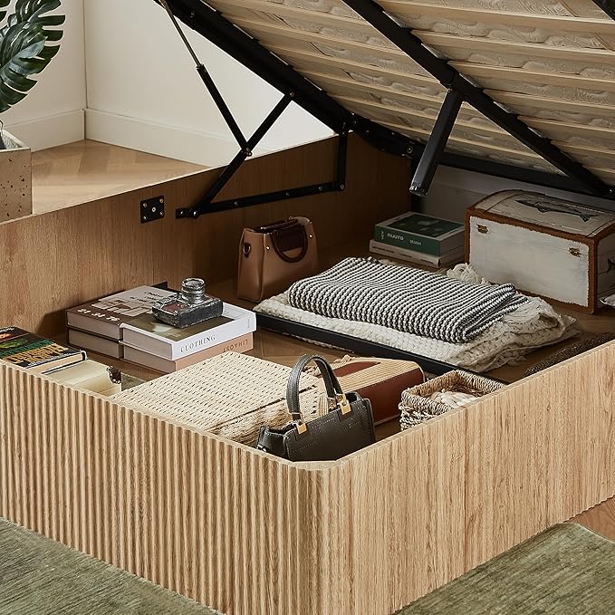 Bellemave Queen Lift Up Storage Bed, Oak Wood Lift Up Bedframe,Wooden Corrugated Curved Lines, Hydraulic Storage,Oak