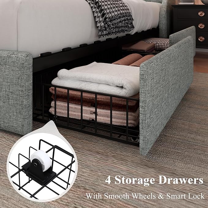 Feonase King Size Bed Frame with 4 Storage Drawers, Storage Bed with Charging Station, Tufted Wingback Headboard, No Box Spring Needed, Light Grey