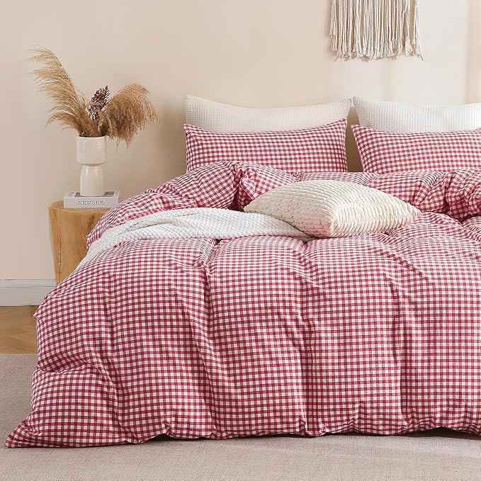 TOCOMOA Red Gingham Duvet Cover Bedding Set 100% Washed Cotton Like Linen Feel Super Soft Comfortable 3 Piece Cute Plaid Checkered Comforter Cover Set (King 104"x90", Comforter Not Included)