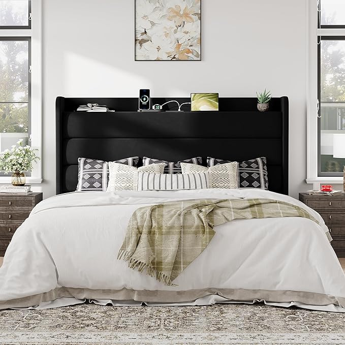 Allewie King Size Upholstered Bed Frame with Charging Station & Storage Headboard, Soft Velvet Wingback Platform Bed, Strong Wooden Slats Support, No Box Spring Needed, Easy Assembly, Black