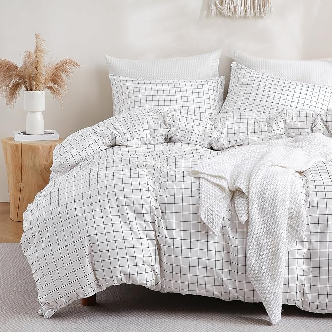 TOCOMOA Checkered Duvet Cover Set 100% Natural Cotton Soft Comfy Breathable 3 Piece White and Black Gingham Pattern Printed Comforter Cover Bedding Set (Queen 90"x90", Comforter Not Included)