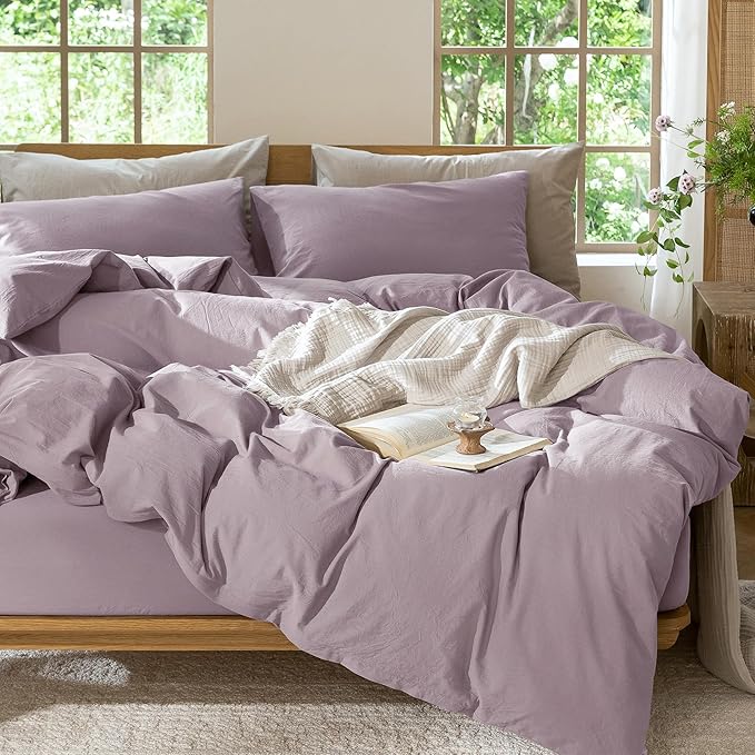 MooMee Bedding Duvet Cover Set 100% Washed Cotton Linen Like Textured Breathable Durable Soft Comfy (Solid Taro Purple, Oversized King Plus 128"x120")