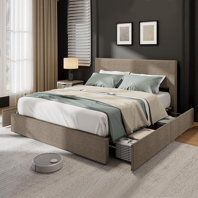 IDEALHOUSE King Size Bed Frame with Tufted Wingback Headboard, Platform Corduroy Upholstered Bed Frame with 4 Storage Drawers and Wooden Slats Support, No Box Spring Needed, Brown