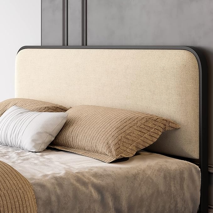 SHA CERLIN Full Size Platform Metal Bed Frame with Curved Upholstered Headboard and Footboard, Large Under Bed Storage, No Box Spring Needed, Modern, Beige