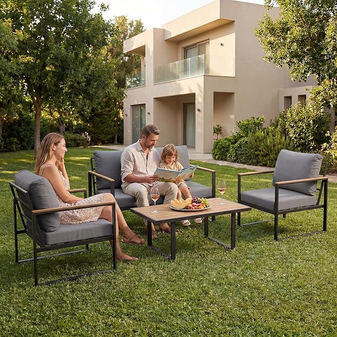 GarveeHome 4-Piece Aluminum Patio Furniture Set with Coffee Table, Outdoor Sectional Conversation Set with Washable High-Resiliency Sponge Cushions, Modern Metal Sofa for Poolside, Deck (Gray)