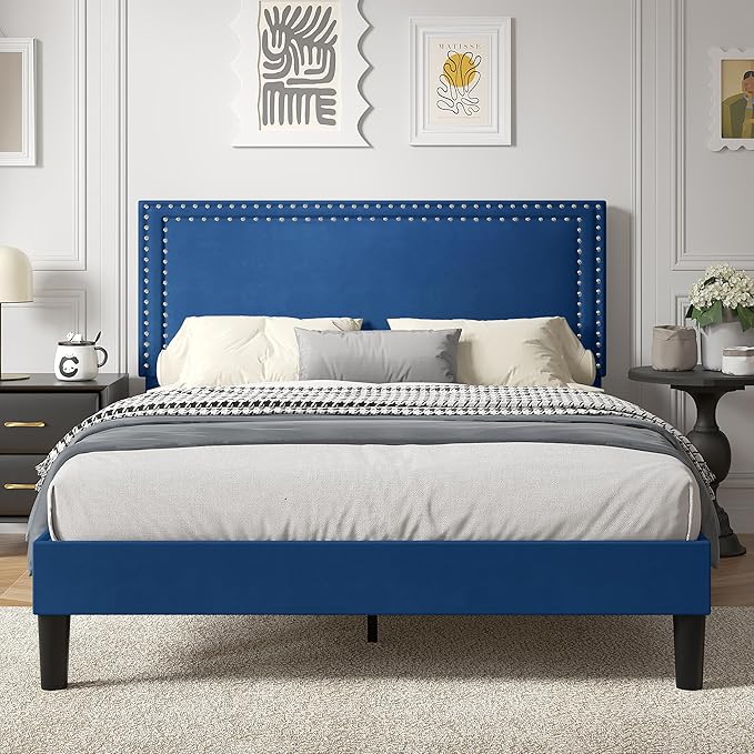 VECELO Queen Size Platform Bed Frame with Height Adjustable Upholstered Headboard, Modern Mattress Foundation,Strong Wood Slat Support, No Box Spring Needed, Easy Assembly,Dark Blue