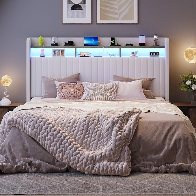SHA CERLIN King Size Lift Up Storage Bed Frame/LED Lights/Charging Station/2-Tier Shelves Headboard/USB,Type-C Ports/Velvet Upholstered/Hydraulic Support/No Box Spring Needed/Noise Free/White