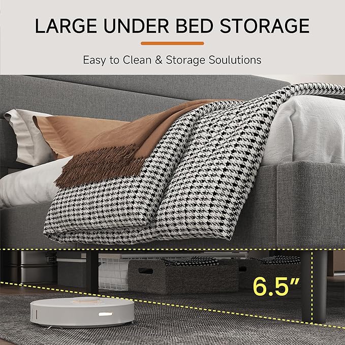 Queen Platform Bed Frame with Adjustable Linen Fabric Upholstered Headboard, Strong Slats Support, Noise-Free, No Box Spring Required, Easy Assembly for Bedroom Guest Room, Grey