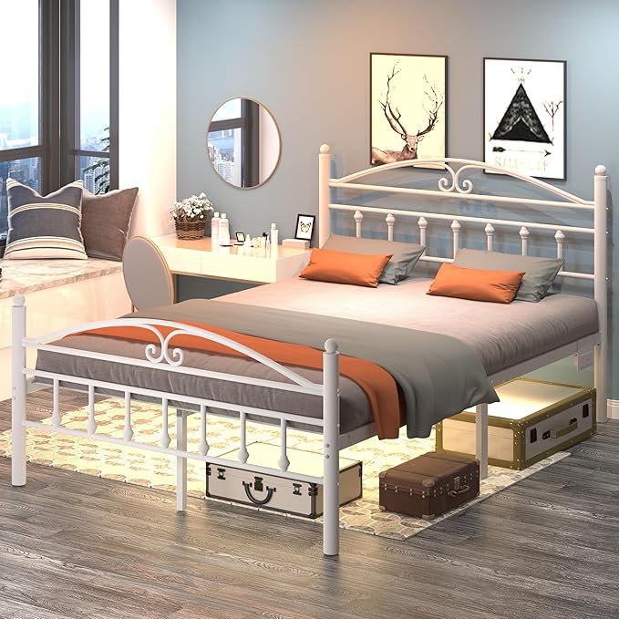 Queen Bed Frame with Charging Station,White Metal Platform Bed Frame Queen Size with LED Lights,Heavy Duty Metal Steel Slats Support,Noise Free,Easy to Assemble,12 Inch