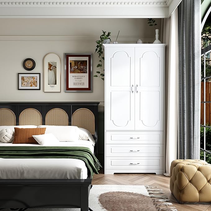 FJTJBSI Armoire Wardrobe Closet with 3 Drawers and LED Light 72" Wooden Bedroom Armoire with 2 Doors and Retro Ceramic Door Handles Modern Wardrobe Cabinet with Removable Hanging Rod White