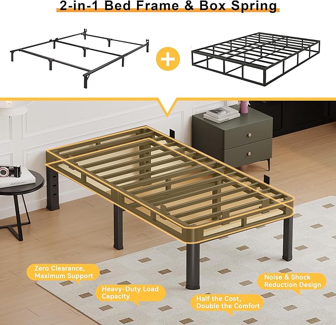 14 Inch Twin XL Bed Frame, Metal Double Layer Steel 4000 lbs Capacity, Platform with Large Under Bed Storage Space, No Box Spring Needed, Noise-Free, Easy Assembly