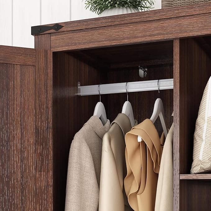 Hlivelood 2 Doors Wardrobe Armoire Closet with Doors and Drawers, Farmhouse Wooden Armoire Storage Cabinet with Shelves & Hanging Rod for Bedroom, Brown