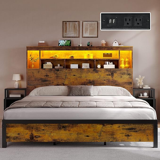 DWVO Queen Size Bed Frame with Storage Bookcase Headboard & RGB LED Lights, Slide Out Bedside Storage, Charging Station, Heavy Duty Metal Slats, No Box Spring Needed, Noise-Free, Rustic Brown