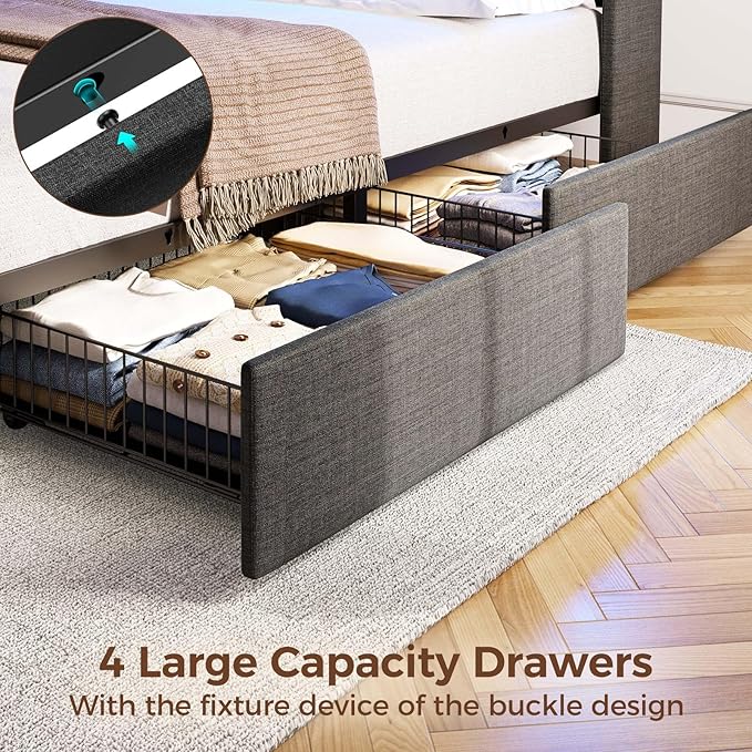 Rolanstar Twin Size Bed Frame with LED Lights and Charging Station, Upholstered Bed Storage Headboard & Drawers, Heavy Duty Wood Slats, Easy Assembly