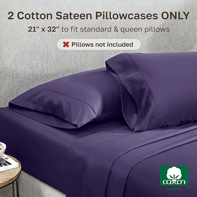 California Design Den Standard Queen Size Pillowcase Set - 400 Thread Count, 100% Cotton Sateen, Set of 2 Pillow Covers, Soft and Breathable - Dark Purple