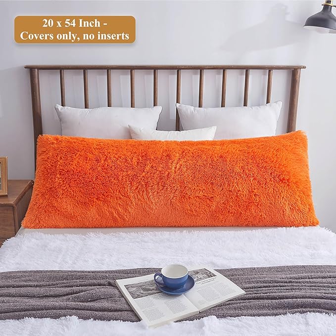XeGe Shaggy Faux Fur Body Pillow Cover, Fluffy Long Bed Pillow Case with Zipper Closure, Soft Decorative Plush Furry Body Pillowcase, Fuzzy Hug Pillow for Kids Children Girls Women 20"x54", Orange