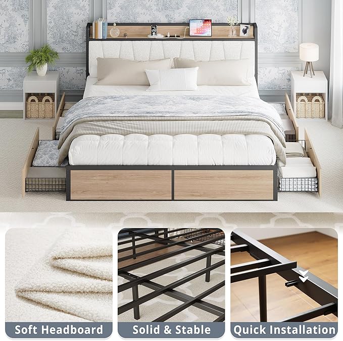 LIKIMIO King Bed Frame with 4 Storage Drawers, Platform Bed with Charged Headboard, Sturdy and Stable, No Noise, No Box Spring Needed, Easy Install, Wood and Cream