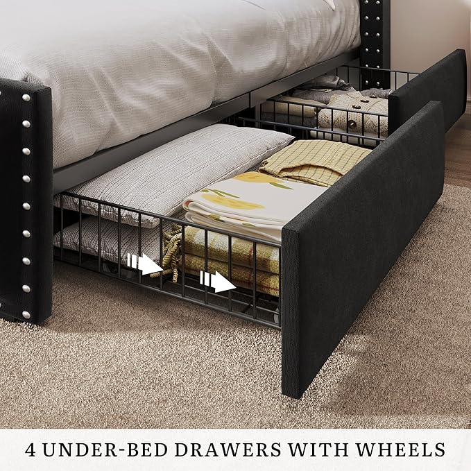 DWVO Queen Size Bed Frame with 4 Storage Drawers and RGB LED Lights, Velvet Upholstered Platform Bed with Charging Station and Bookcase Storage Headboard, No Box Spring Needed, Easy Assembly, Black
