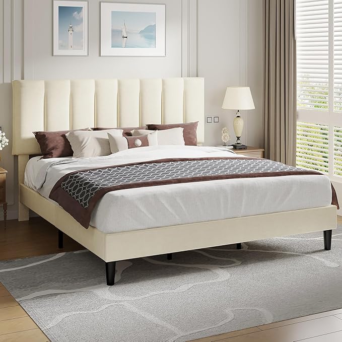VECELO King Size Bed Frame with Upholstered Headboard, Heavy-Duty Bedframe with Strong Wooden Slats Support, No Boxing Spring Needed, Pale Beige