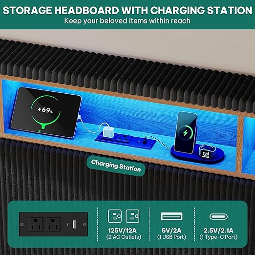 DWVO King Size Corduroy Upholstered Platform Bed Frame with Charging Station and RGB LED Lights, 53’’ Tall Storage Wingback Headboard, No Box Spring Needed, Easy Assembly, Noise-Free, Black