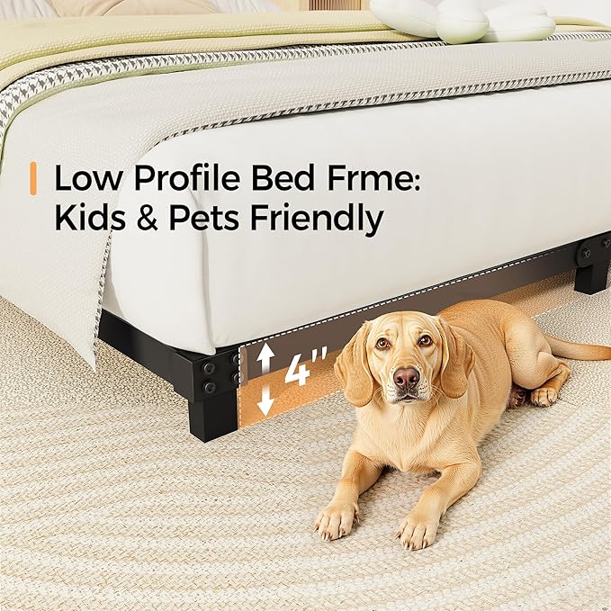 4 Inch Bed Frames Queen Size Low Profile Metal Platform Bed Frame Heavy Duty Steel Slat Support, No Box Spring Needed, Easy Assembly, Noise Free
