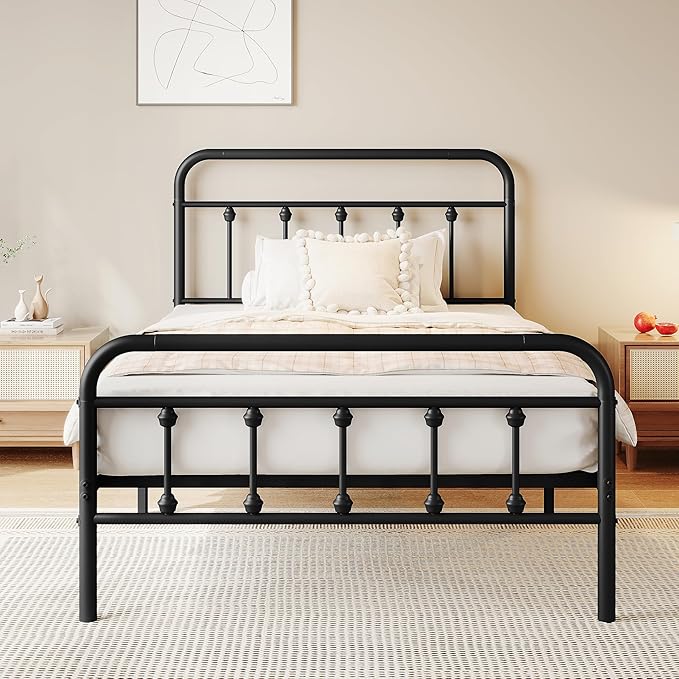 zunatu Twin Size Metal Platform Bed Frame/Victorian Style Headboard and Footboard/Steel Slat Support/Easy Assembly/No Box Spring Needed/Underbed Storage/Noise Free/Black