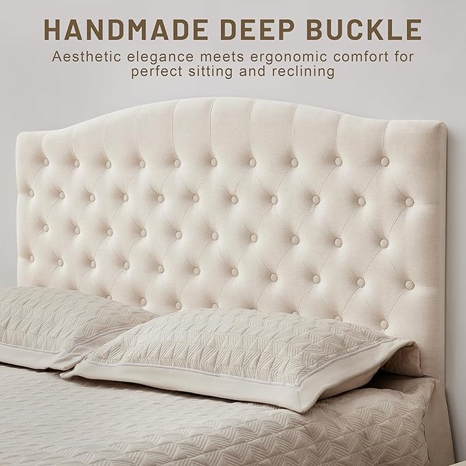 Tufted Upholstered Tall Headboard Queen Size, Sturdy and Durable Solid Wood Bed headboards, Comfortable Linen Fabric Queen Headboard Only, Modern Luxury Button Diamond Design Head Board, Beige
