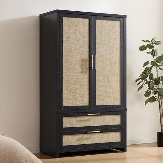 SICOTAS Rattan Armoire Wardrobe Closet Cabinet, 71" Wardrobe Storage Cabinet with Doors, 2 Drawers and Hanging Rod, Boho Large-Capacity Deep Armoire Clothes Organizer for Bedroom, Black Oak