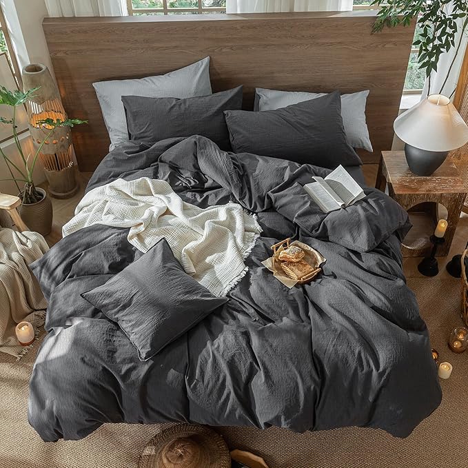 MooMee Wavy Striped Duvet Cover Set 100% Washed Cotton Linen Like Textured Breathable Durable Soft Comfy (Charocal Grey, Full 80"x90")