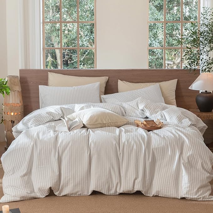 MooMee Striped Duvet Cover Set 100% Washed Cotton Linen Like Textured Breathable Durable Soft Comfy (White Cornflower Blue Wide Stripes, Oversized King Plus 128"x120")