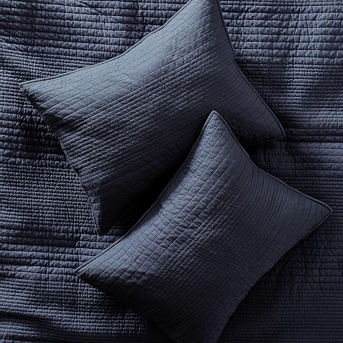 palassio Striped Navy Blue 100% Cotton Quilt King Size Bedding Sets, Lightweight Crinkly Channel Pick Stitch Textured Bedspread Soft Shabby Chic Farmhouse Country Coverlet for All Season, 2 Shams