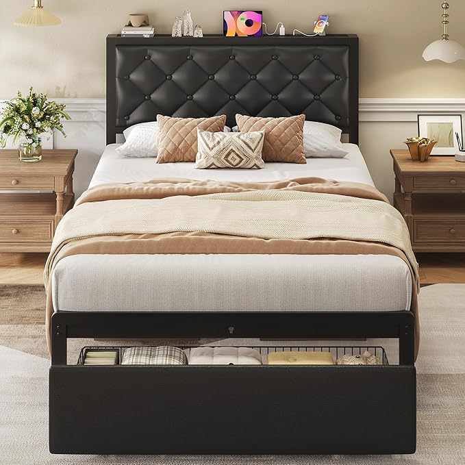 Fluest Twin Bed Frame with Storage Drawer, Upholstered Headboard Button Tufted Bed Frame with Charging Station, No Box Spring Needed, Noise-Free, All Metal Structure, Black