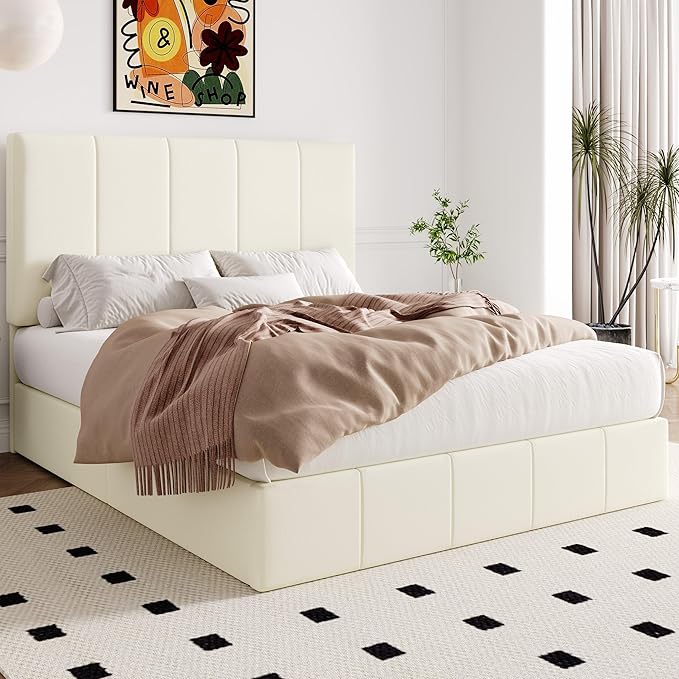 Allewie Queen Size Velvet Lift Up Storage Bed Frame, Vertical Channel Tufted Headboard, Hydrualic Underneath Storage, Upholstered Platform Bed, Wooden Slats Support, No Box Spring Needed, Cream