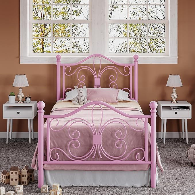 Allewie Twin Size Bed Frame with Headboard,Metal Bed Frame with Butterfly Pattern Design Headboard & Footboard,No Box Spring Needed,Easy Assembly,Pink