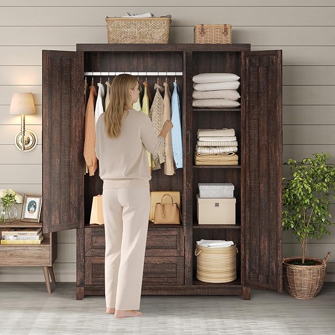AMERLIFE Farmhouse 3 Door Wardrobe Closet with 2 Drawers & Hanging Rod, 47" Large Armoire Storage Cabinet with Adjustable Shelves, Freestanding Clothing Organizer for Bedroom, Barnwood Brown