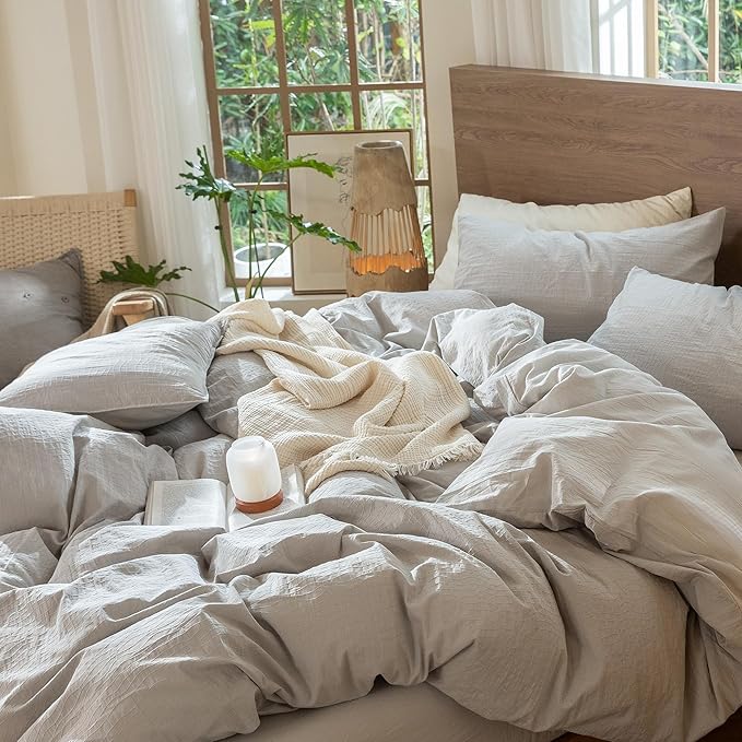 MooMee Wavy Striped Duvet Cover Set 100% Washed Cotton Linen Like Textured Breathable Durable Soft Comfy (Light Grey, Oversized Queen 98"x98")