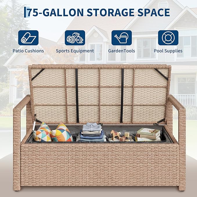Outdoor Storage Bench with Cushion, Hand-Woven Yellow Wicker Deck Box with Backrest, Large Capacity Patio Storage Seat, Waterproof All-Weather Rattan Bench for Garden, Porch, Poolside