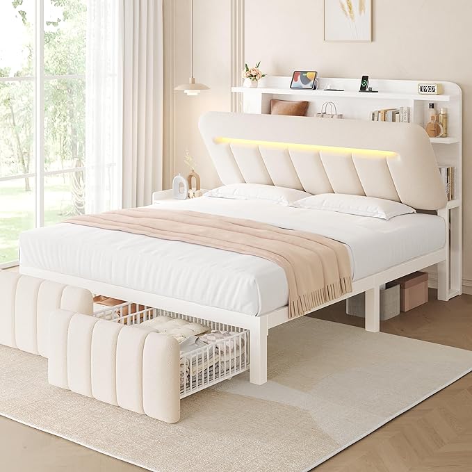 Jocoevol Queen Bed Frame with Storage Headboard,Upholstered White Bed Frame Queen Size with Storage Drawers and Charging Station,Velvet Platform Metal Bed, Noise-Free, No Box Spring Needed