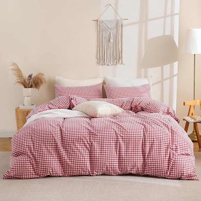 TOCOMOA Red Gingham Duvet Cover Bedding Set 100% Washed Cotton Like Linen Feel Super Soft Comfortable 3 Piece Cute Plaid Checkered Comforter Cover Set (Queen 90"x90", Comforter Not Included)