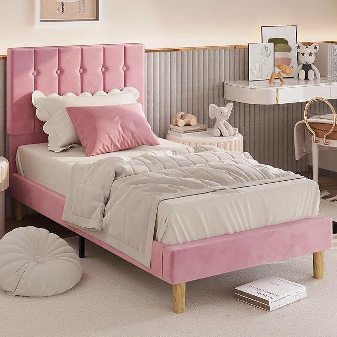 LIKIMIO Twin Bed Frames, Velvet Upholstered Platform Bed Frame with Headboard and Strong Wooden Slats, No Box Spring Needed/Noise-Free/Easy Assembly, Pink