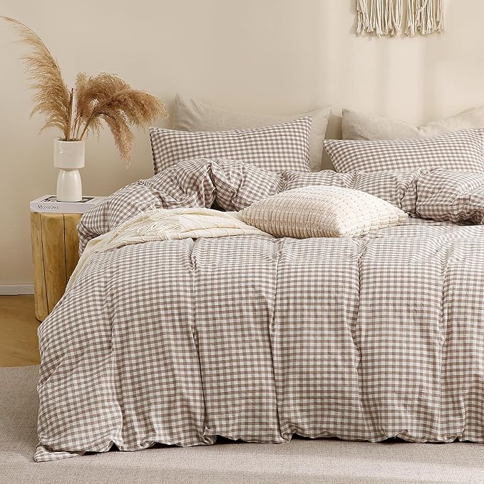 TOCOMOA Tan Gingham Duvet Cover Bedding Set 100% Washed Cotton Like Linen Feel Super Soft Comfy 3 Piece Brown Vintage Plaid Checkered Fall Comforter Cover Set (Queen 90"x90", Comforter Not Included)