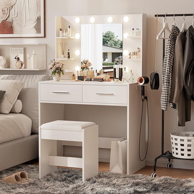 Furmax Make up Vanity Desk with Mirror and Power Outlet, Vanity with 3 Color Light Options Adjustable Brightness,Vanity Desk with 2 Drawers, 6 Storage Shelves (White, with Bench)