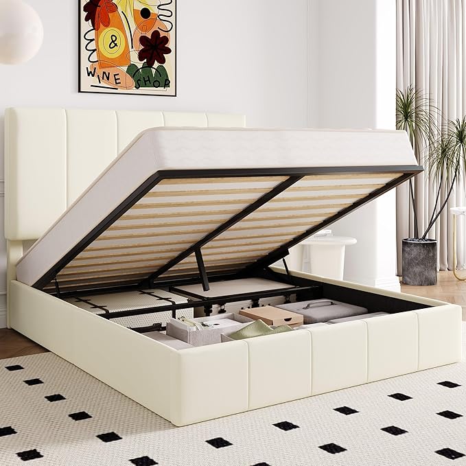 Allewie Full Size Velvet Lift Up Storage Bed Frame, Vertical Channel Tufted Headboard, Hydrualic Underneath Storage, Upholstered Platform Bed, Wooden Slats Support, No Box Spring Needed, Cream